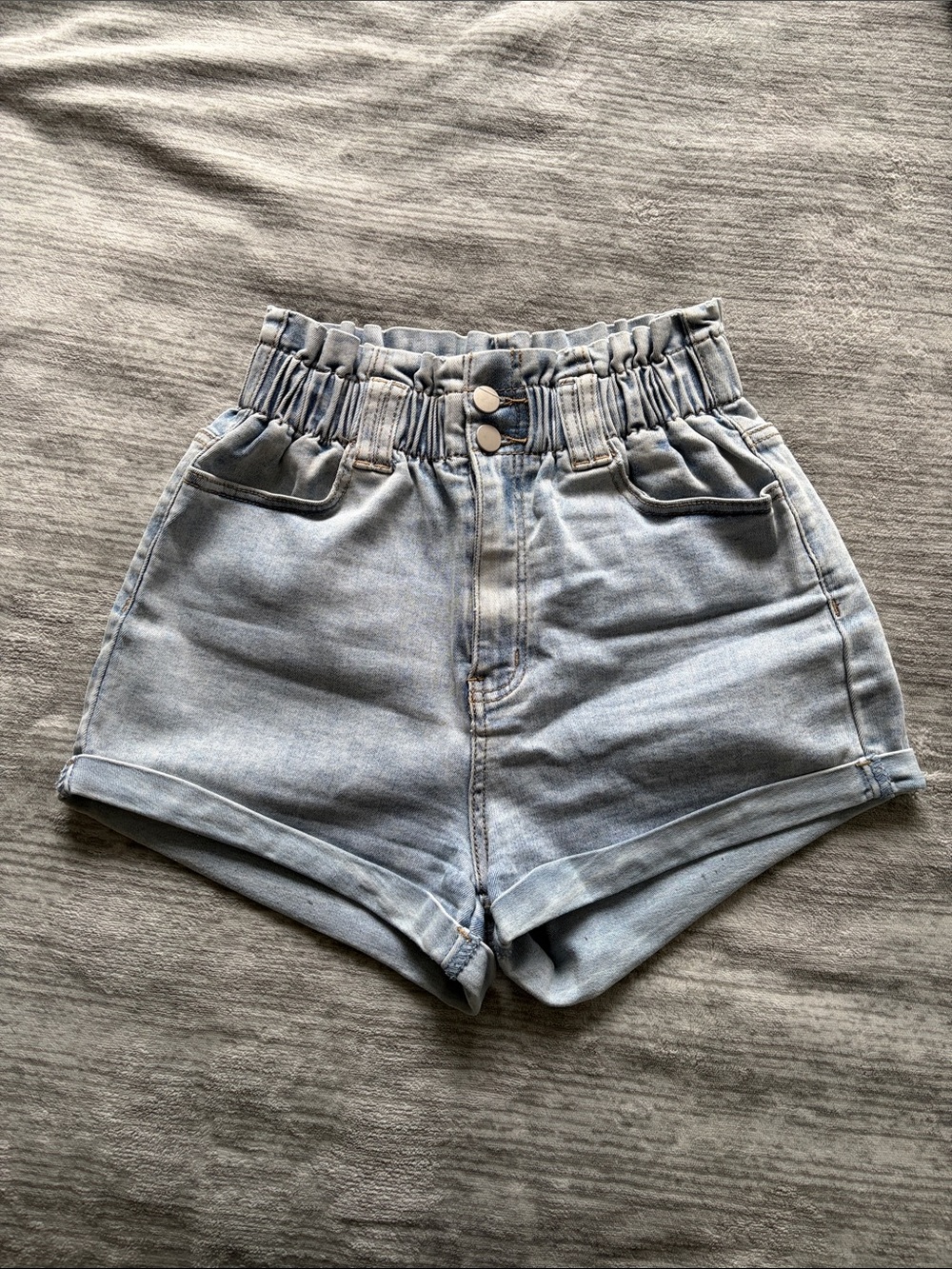 SHEIN Light Blue High-Waist Paperbag Denim Shorts